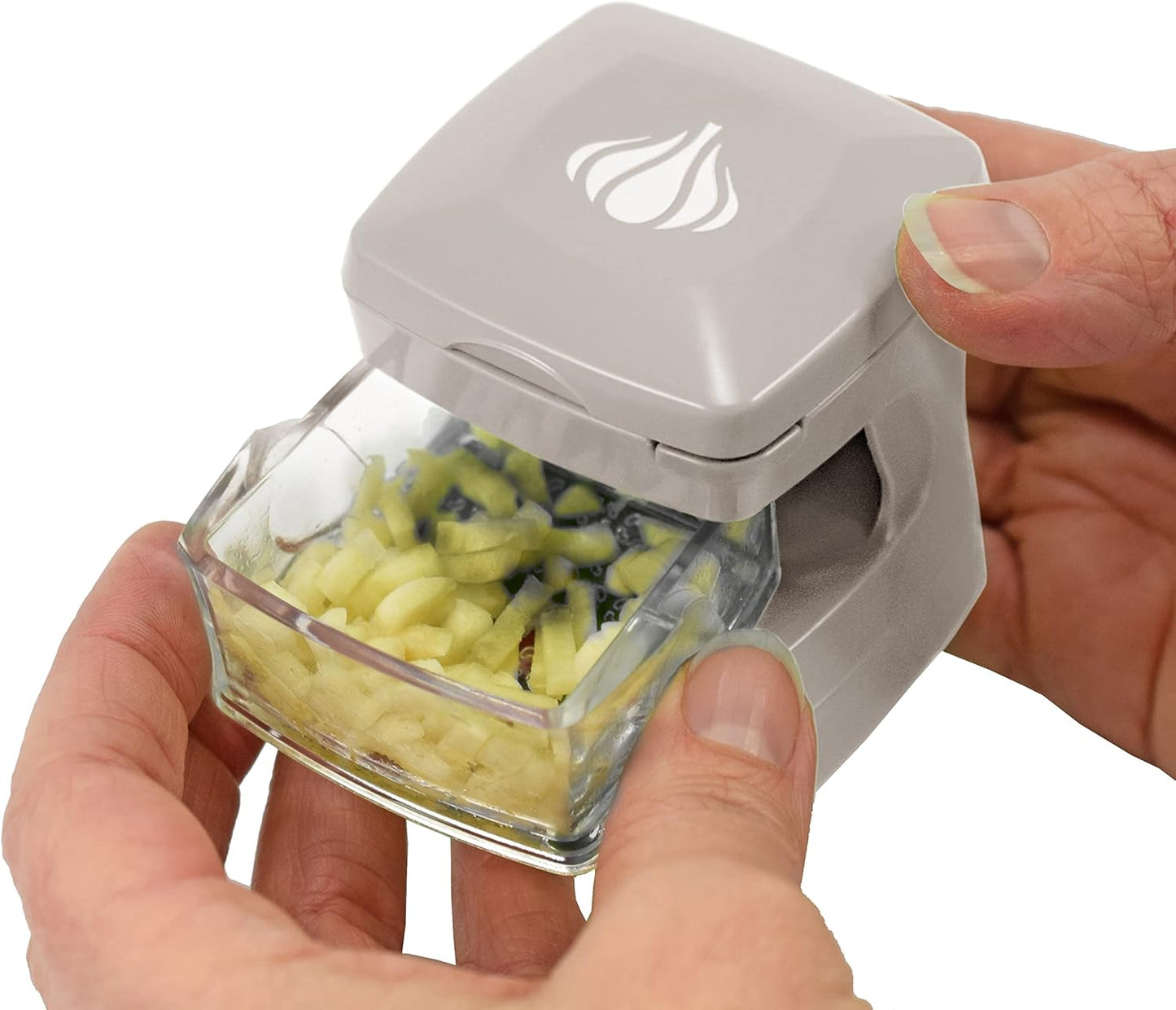 Garlic-A-Peel Garlic Press, Crusher, Cutter, Mincer, and Storage Container - Includes Silicone Garlic Peeler - Easy to Clean - Stainless Steel Blades – (Black), standard
