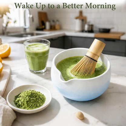 Matcha Whisk Set, Ceramic Matcha Set Includes Bowl & Holder, Bamboo Whisk (Chasen), Scoop, Spoon and Sifter, 6PCS Matcha Kit Covers Everything Needed for Making Matcha (Green)