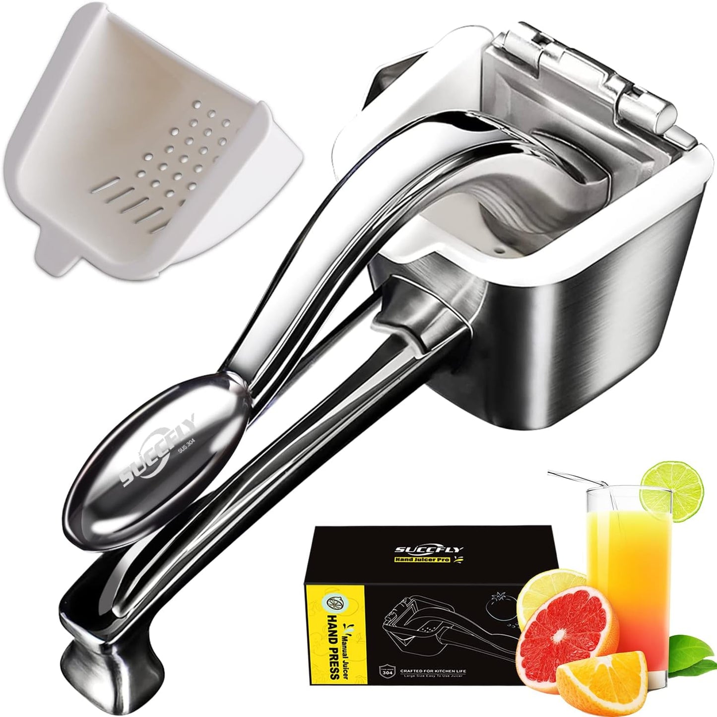 SUCCFLY Lemon Squeezer Stainless Steel, Manual Juicer Citrus Lime Orange Fruit Squeezer Heavy Duty Ergonomic Handle Labor-saving Large Capacity Juice Press Hand Handheld Juicer (5 Year Warranty)