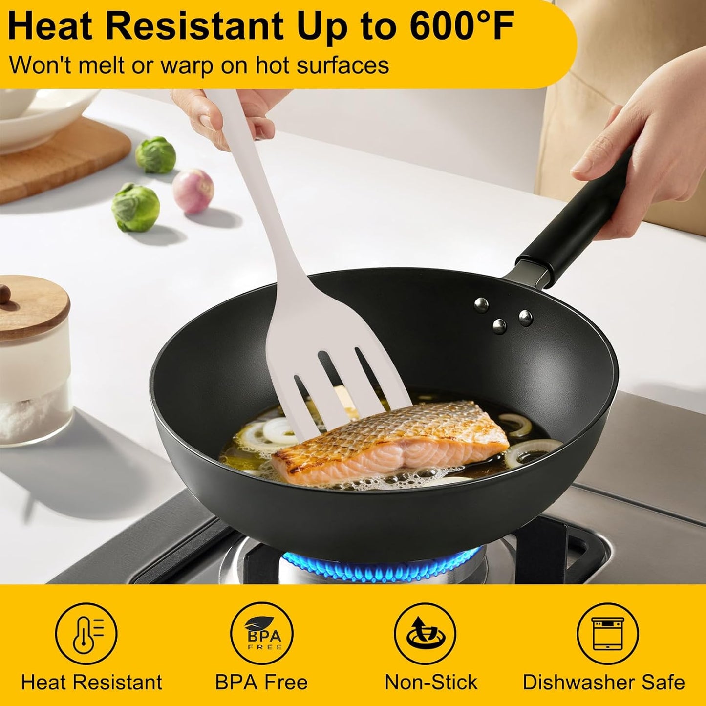 Beijiyi Silicone Spatula Set of 4, 600°F Heat Resistant, BPA Free Kitchen Spatula and Spoons for Nonstick Cookware, Solid & Slotted Turner Cooking Utensils for Serving, Flipping Egg, Pancakes (Khaki)
