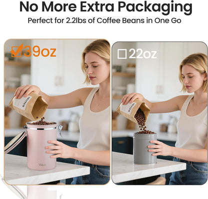 Veken Coffee Canister, Airtight Stainless Steel Kitchen Food Storage Container with Date Tracker and Scoop for Beans, Grounds, Tea, Flour, Cereal, Sugar, Cookie, 16OZ, Cream