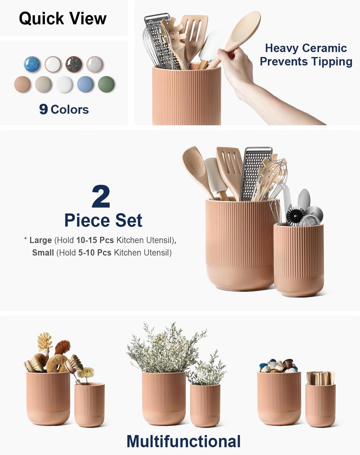 LE TAUCI Utensil Holder for Kitchen Counter, 7.3"+5.4" Fluted Ceramic Utensil Crock Organizer for Countertop, Heavy Large Holder for Spatulas, Spoons, Set of 2, White, Kitchen Counter Decor