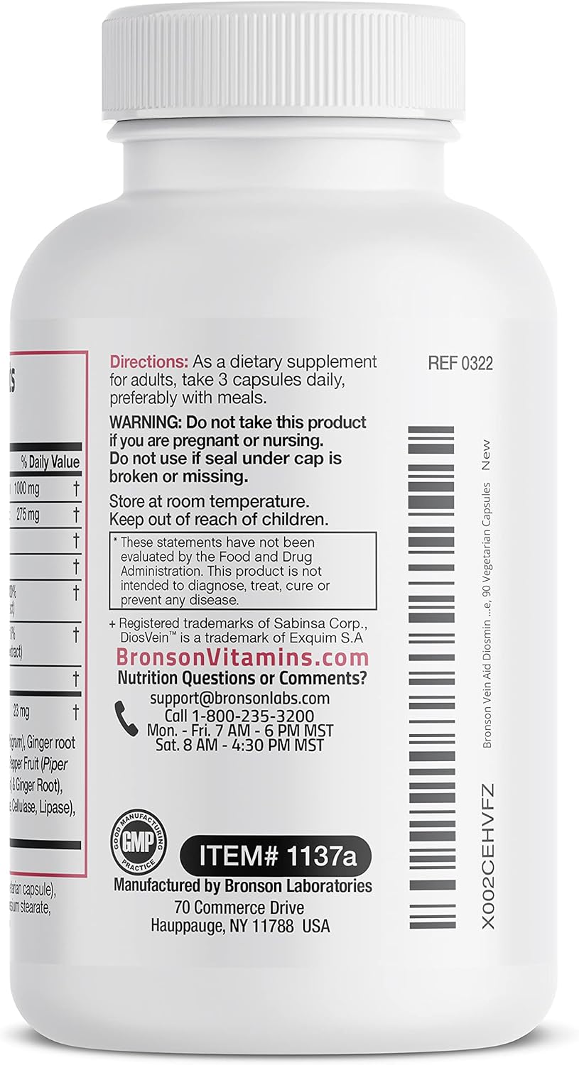 Bronson VeinAid Diosmin 1000mg DiosVein Varicose Vein Complex with Venocin & Centellin, 90 Vegetarian Capsules