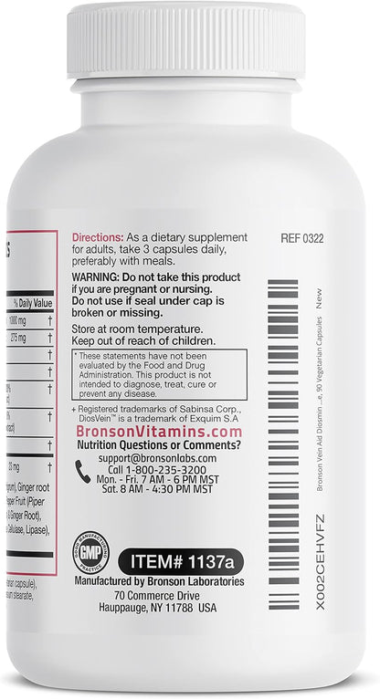 Bronson VeinAid Diosmin 1000mg DiosVein Varicose Vein Complex with Venocin & Centellin, 90 Vegetarian Capsules