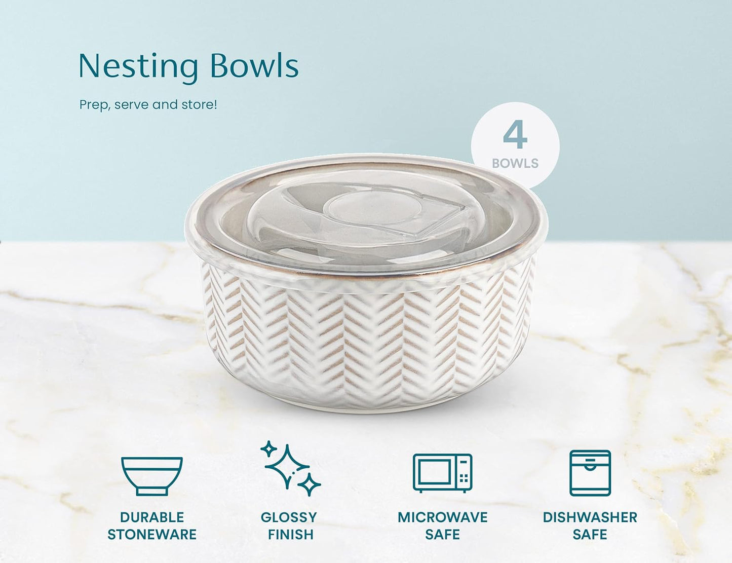 KooK Serving Bowls, with Lids, Ceramic Nesting Bowls, Set of 4, Embossed, Kitchen, Prep, Stackable, Gift, Microwave and Dishwasher Safe, 16/29/47/70 oz, Narbonne Collection (Ivory)