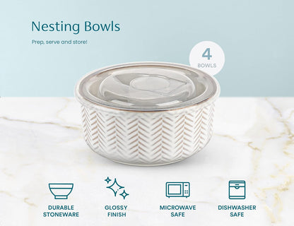 KooK Serving Bowls, with Lids, Ceramic Nesting Bowls, Set of 4, Embossed, Kitchen, Prep, Stackable, Gift, Microwave and Dishwasher Safe, 16/29/47/70 oz, Narbonne Collection (Ivory)