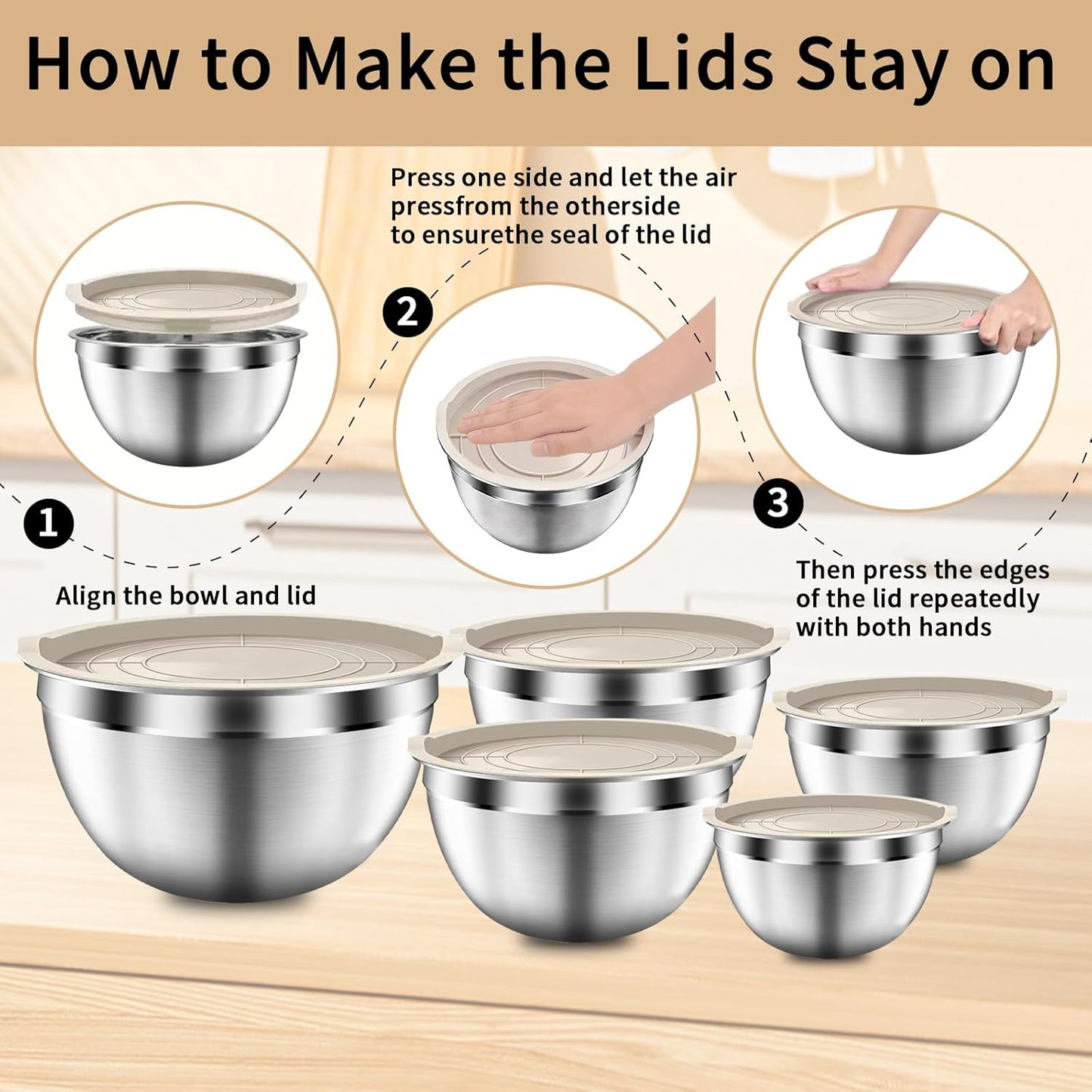 Mixing Bowls with Airtight Lids Set, 5 PCS Stainless Steel Khaki Nesting Bowls for Kitchen, Large Prep Metal Mixing Bowls for Kitchen, 5.5/4/3.5/2/1.5 QT for Mixing & Serving