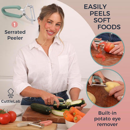 CuttleLab Vegetable Peeler Set – Serrated, Straight & Wide Blades- great apple peeler & potato peelers, Carrots, Zucchini, Cucumbers – Soft Grip Handle- Eye Remover – Dishwasher Safe (3, Country Chic)
