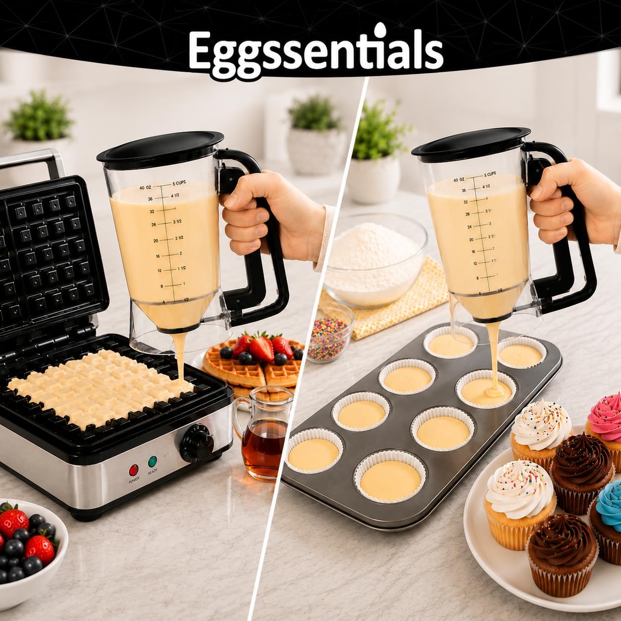 Eggssentials - Pancake Batter Dispenser with 5-Cup Capacity - Waffle Batter Dispenser for Pancakes, Cupcakes & Crepes, Easy-Squeeze Handle, Dishwasher Safe - Black Pancake Dispenser