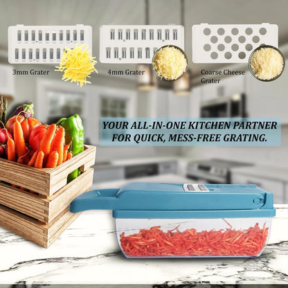 Kalmat Dynamics Food Chopper and Vegetable Slicer, 16-in-1 Multi-Function Kitchen Chopper with 7 Blades and Container, Free Black Cooking Apron (Pink+White)