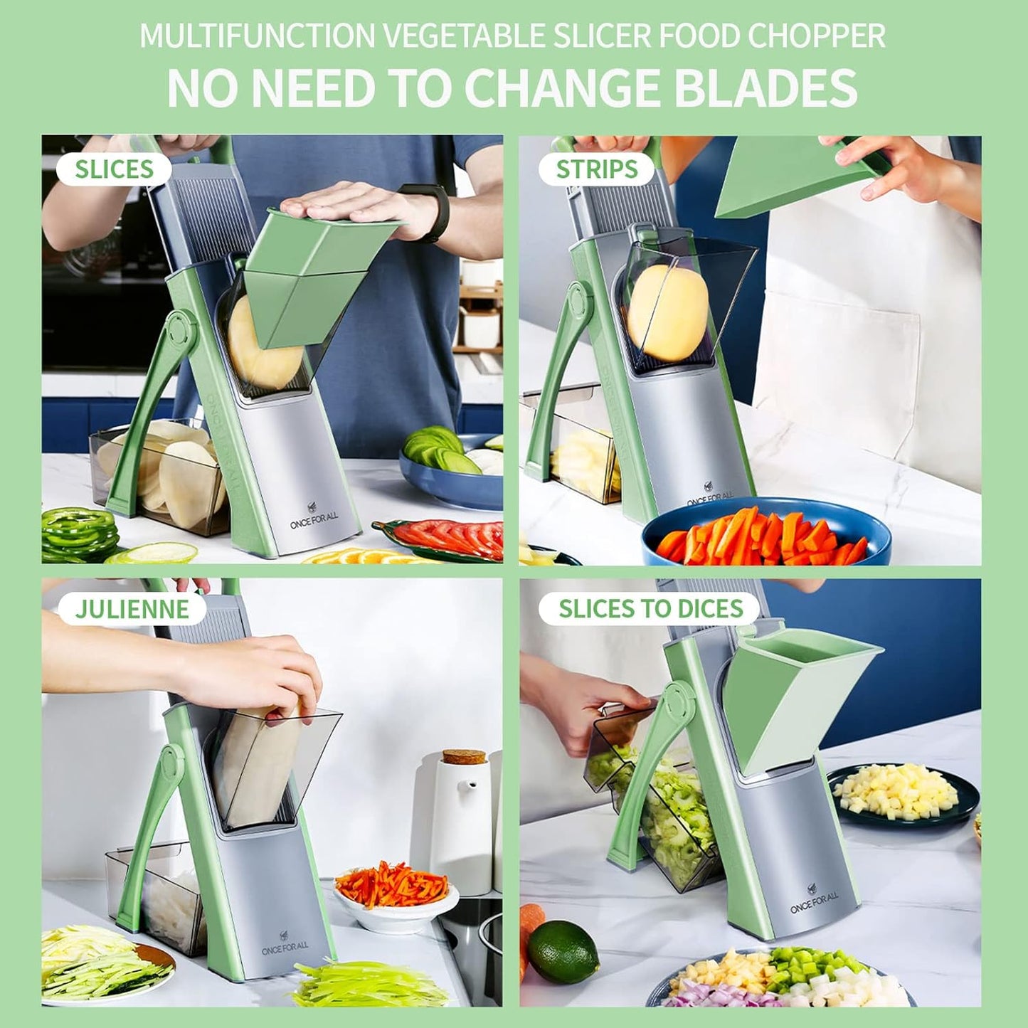 ONCE FOR ALL Upgrade Safe Mandoline Slicer Plus, Adjustable Vegetable Food Chopper Potato Fries French Fry Cutter, Detachable Blade, Kitchen Chopping Artifact, New Kitchen Gift (DarkGray)
