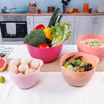 BoxedHome Nesting Plastic Mixing Bowl Set, 4 Piece Mixing Bowl Set with Pour Spouts, Size 1.7, 2.5, 3.5 and 4.5qt, for Prepping, Mixing, Baking, Cooking(2023 New Version, Pink)