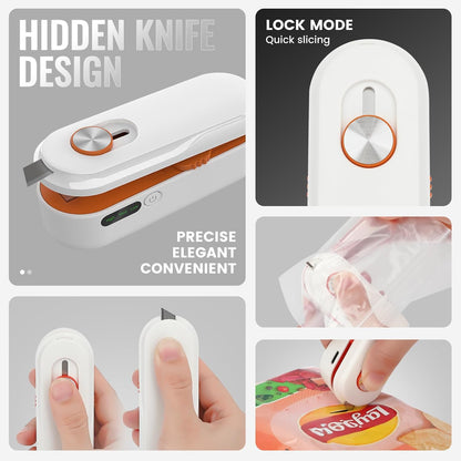 2-in-1 Mini Bag Sealer with Knife, Rechargeable Heat Sealer, 3 Modes for Light/Medium/Heavy Bags, Portable Snack Sealer