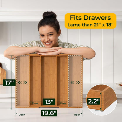 keechee Carbonized Bamboo Kitchen Drawer Organizer, 10 Slots Expandable Silverware Organizer, Utensil Holder & Cutlery Tray, 2.2" Deep for Extra Capacity, Non-Slip Feet Included