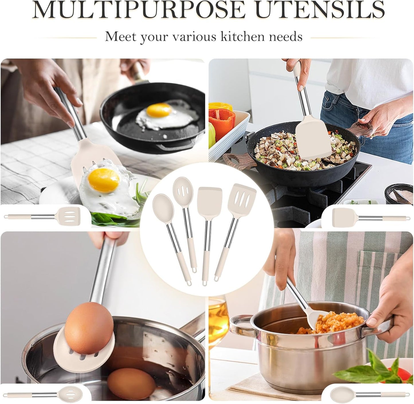 TeamFar Kitchen Utensils, 4 PCS Silicone Cooking Utensils Spatula Spoon Set with Stainless Steel Handle, for Frying Mixing Draining Turning, Healthy & Heat-proof, Non-stick & Dishwasher Safe - Black