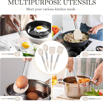 TeamFar Kitchen Utensils, 4 PCS Silicone Cooking Utensils Spatula Spoon Set with Stainless Steel Handle, for Frying Mixing Draining Turning, Healthy & Heat-proof, Non-stick & Dishwasher Safe - Black