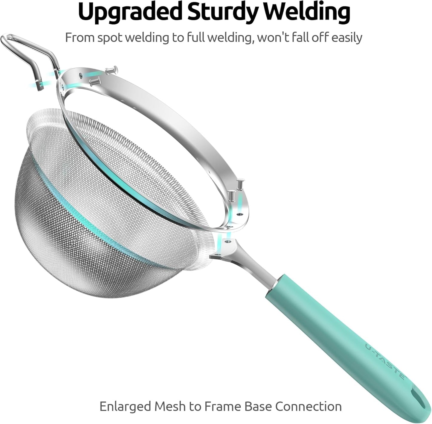 U-Taste Medium Fine Mesh Strainer: 18/8 Stainless Steel 4.73in 30 Mesh Kitchen Food Sieve with Sturdy Riveted Silicone Handle, Heavy Duty Deep Handheld Metal Colander for Rice, Quinoa, Flour (Black)