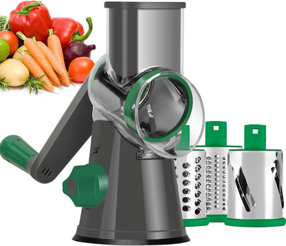 Ourokhome Rotary Cheese Grater Hand Crank, Kitchen Shredder Speed Mandolin Slicer Nut Grinder with Handle and Drum Blades for Cheese, Vegetable, Walnut, Chocolate, Potato, Carrot, 3 Blades, Dark Blue