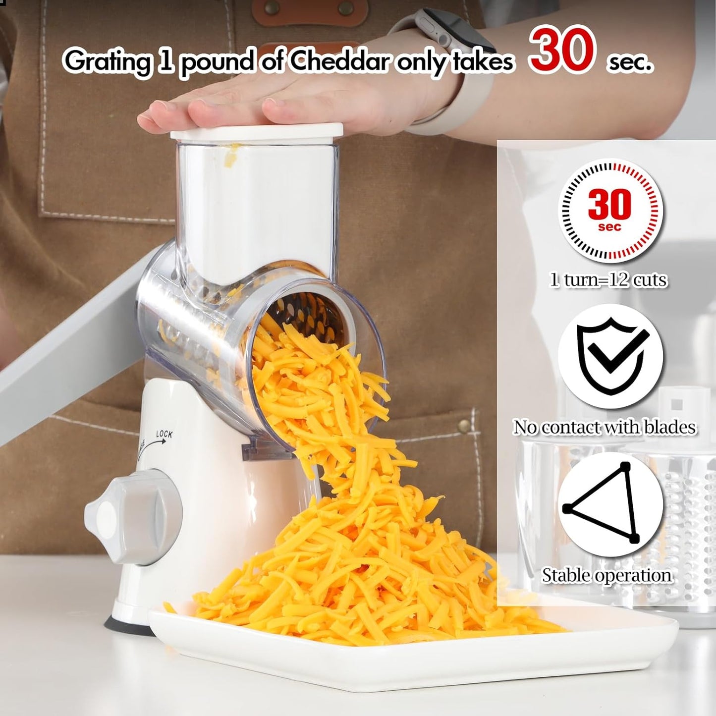 Ourokhome Rotary Cheese Grater Hand Crank, Kitchen Shredder Speed Mandolin Slicer Nut Grinder with Handle and Drum Blades for Cheese, Vegetable, Walnut, Chocolate, Potato, Carrot, 3 Blades, Dark Blue