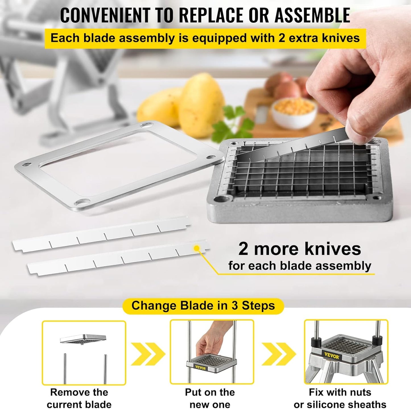 VEVOR Commercial Vegetable Chopper w/ 4 Replacement Blades, Stainless Steel French Fry Cutter Potato Dicer & Fruit Slicer for Restaurants & Home Kitchen