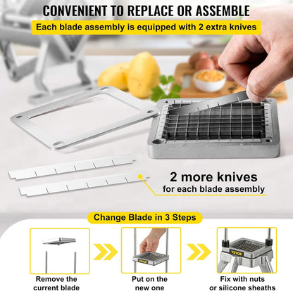 VEVOR Commercial Vegetable Chopper w/ 4 Replacement Blades, Stainless Steel French Fry Cutter Potato Dicer & Fruit Slicer for Restaurants & Home Kitchen