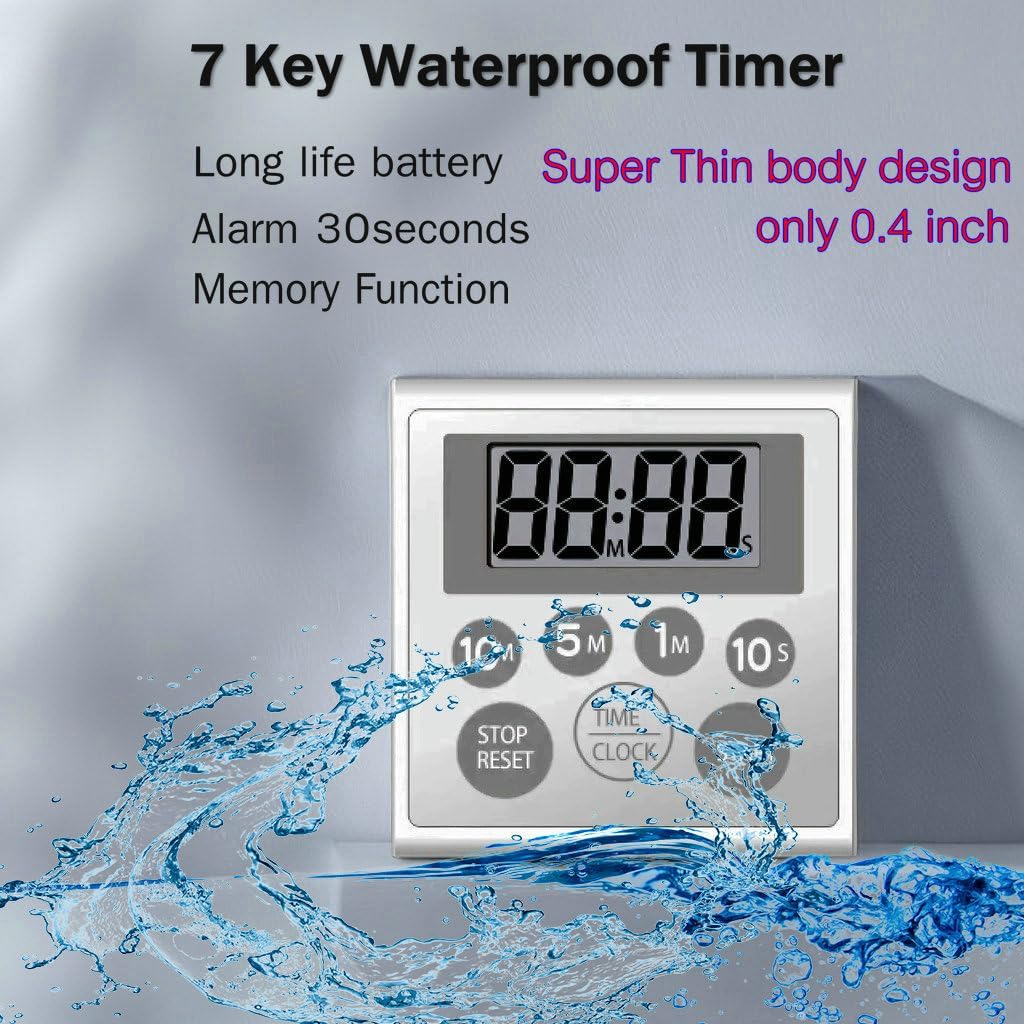 Digital Timer Waterproof Shower Timer Shower Clock Bathroom Kitchen Timer with Strong Magnet and Large LCD Display (Waterproof 7 Key)