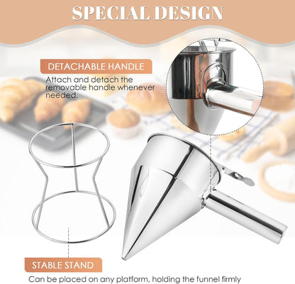 MAOPINER 1200ML 40.5OZ Stainless Steel Pancake Batter Dispenser, Piston Funnel Cake Maker Dispenser, Commercial Chocolate Confectionery Funnel with Stand for Takoyaki and Baking