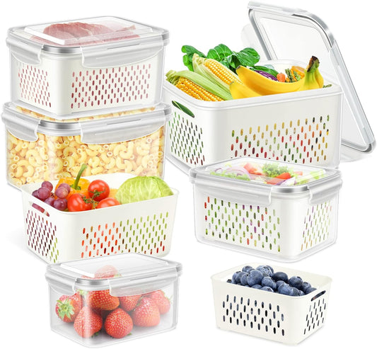 12 Pieces Fruit Storage Containers For Fridge, 6 Pack BPA-Free Fresh Food Containers with Removable Colanders and Airtight Lids, Fresh for Fruit Berry Produce Vegetable, Dishwasher & Microwave Safe