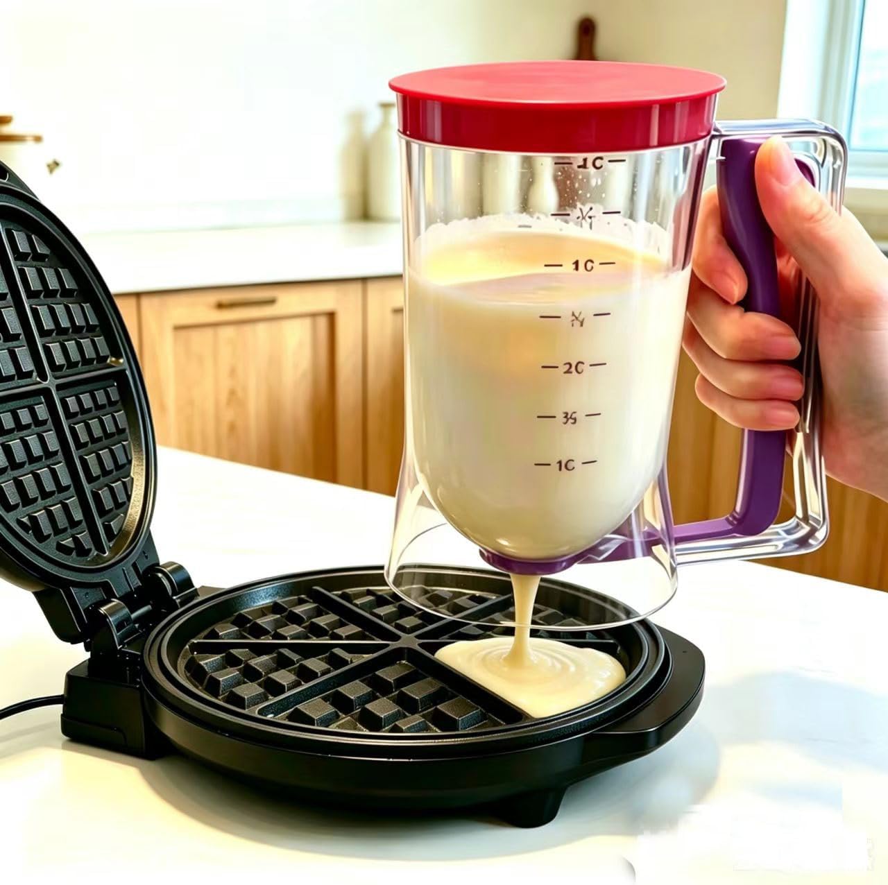 BBSTARZ Pancake Batter Dispenser – 4-Cup Batter Dispenser with Squeeze Handle & Measuring Marks for Pancakes, Waffles, Muffins, Crepes & Cupcakes – Baking Tool(Red)