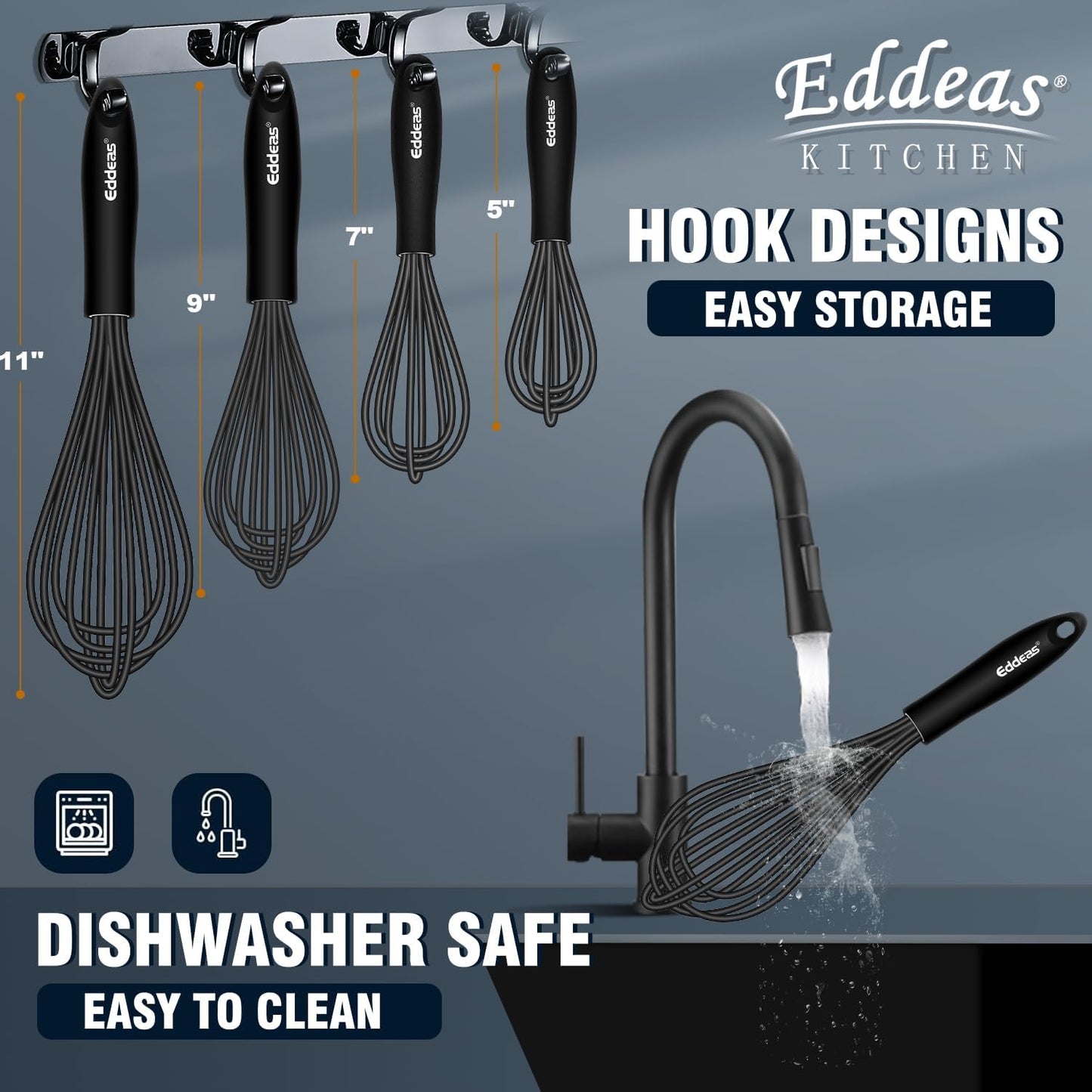 Whisks For Cooking - 500 °F Heat Resistant Silicone Whisk, Heavy Duty 7",9"&11inch Non-Scratch Balloon Kitchen Wisk tool Set, for cooking Wisking, Blending, Beating, Stirring, 3 Piece Black