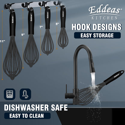 Whisks For Cooking - 500 °F Heat Resistant Silicone Whisk, Heavy Duty 7",9"&11inch Non-Scratch Balloon Kitchen Wisk tool Set, for cooking Wisking, Blending, Beating, Stirring, 3 Piece Black
