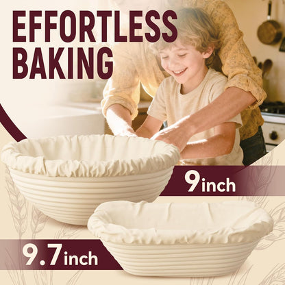 Sourdough Starter Kit, 9" Round and 9.7" Oval Banneton Proofing Baskets, Bread Baking Supplies with Glass Starter Jar, Dough Whisk, Bread Lame, Scrapers and Linen Liners