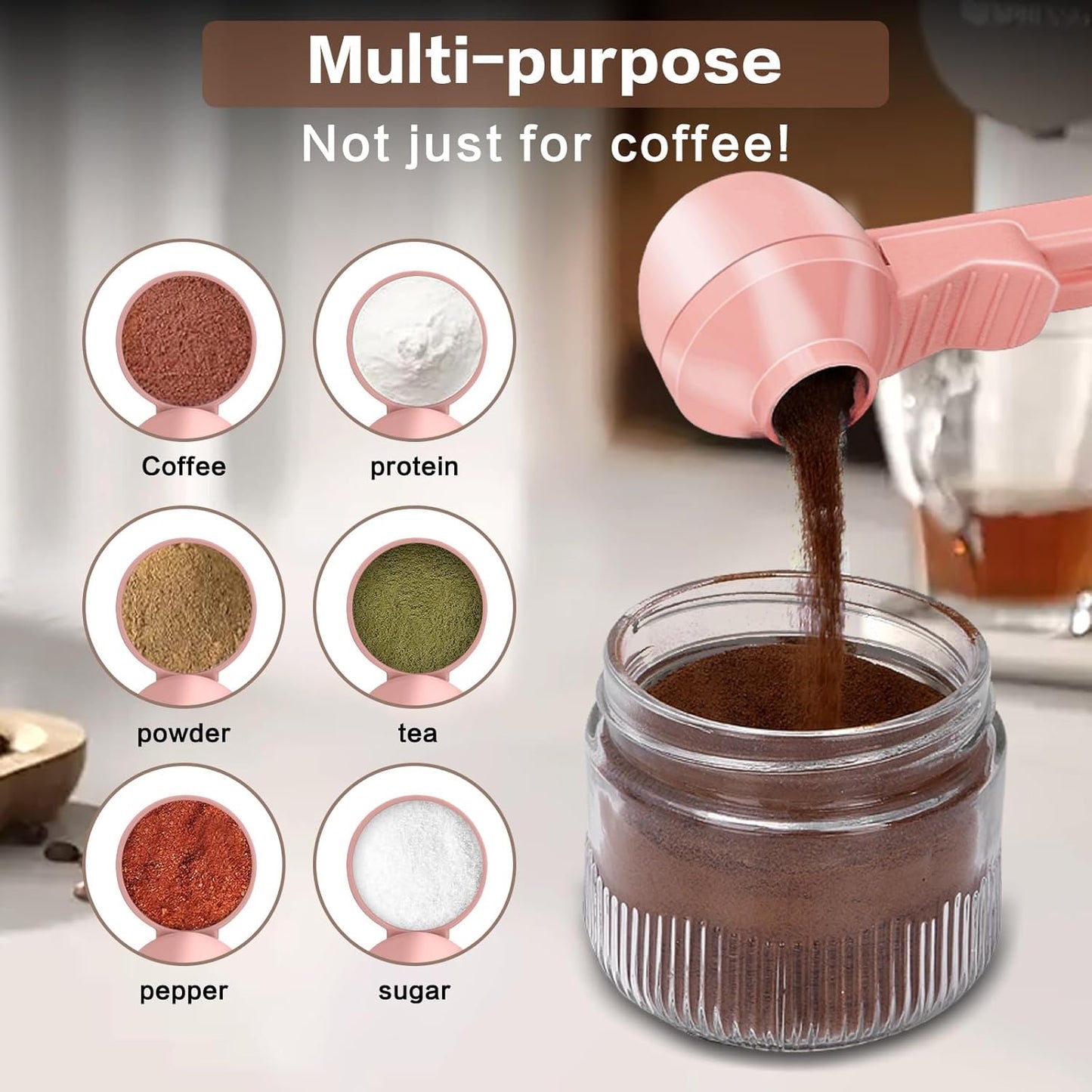2-in-1 Coffee Scoop with Funnel, 2 Teaspoon Measuring Spoon for Reusable K Cups, Ground Coffee, Protein Powder & Tea, Mess-Free Plastic Design (Pink)