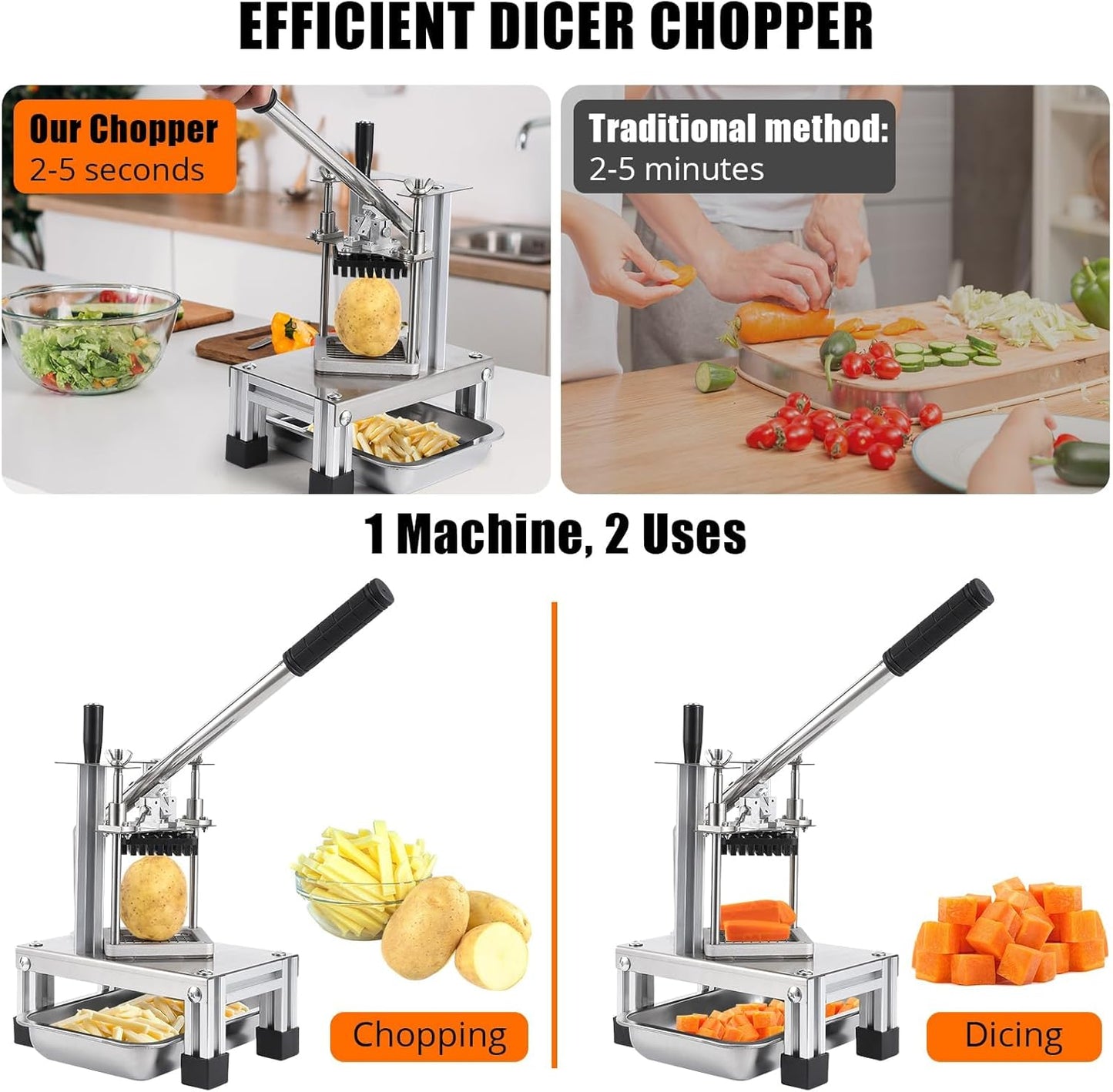 Commercial French Fry Cutter, Mandoline Slicer with 4 Replacement Blades/Extended Handle, 1/4" and 3/8" Blade, 6-wedge Slicer and 6-wedge Apple Corer, Cutter for French Fries Potato Lemon