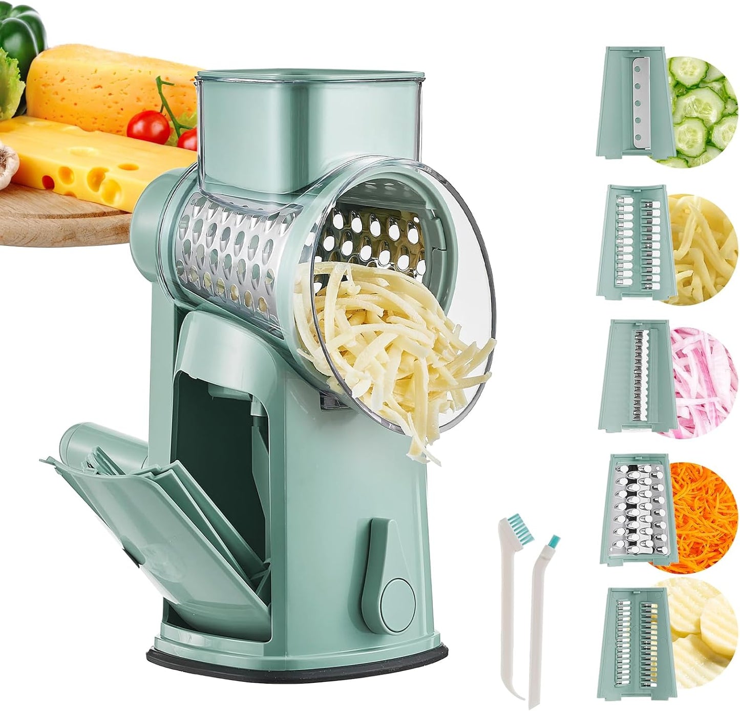 Rotary Cheese Grater Hand Crank, 5 in 1 Mandoline Vegetable Slicer - 5 Sets of Blades,Strong Suction Base&Easy to Clean - Kitchen Cheese Grater Shredder with Handle for Fruit,Vegetable,Nuts