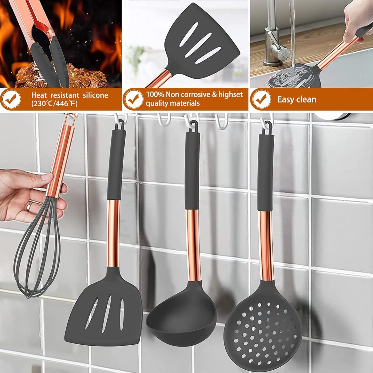 Silicone Cooking Utensil Set, Umite Chef 15pcs Silicone Cooking Kitchen Utensils Set, Non-stick - Best Kitchen Cookware with Stainless Steel Handle - Black Kitchen Utensils