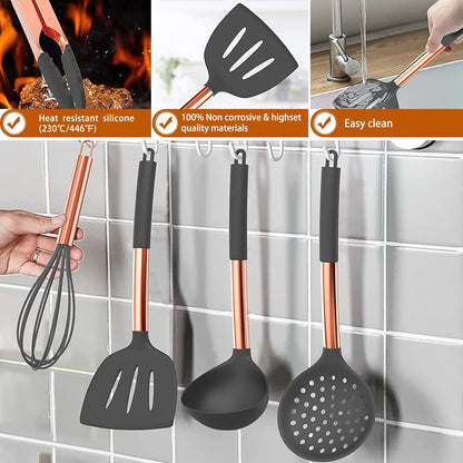 Silicone Cooking Utensil Set, Umite Chef 15pcs Silicone Cooking Kitchen Utensils Set, Non-stick - Best Kitchen Cookware with Stainless Steel Handle - Black Kitchen Utensils