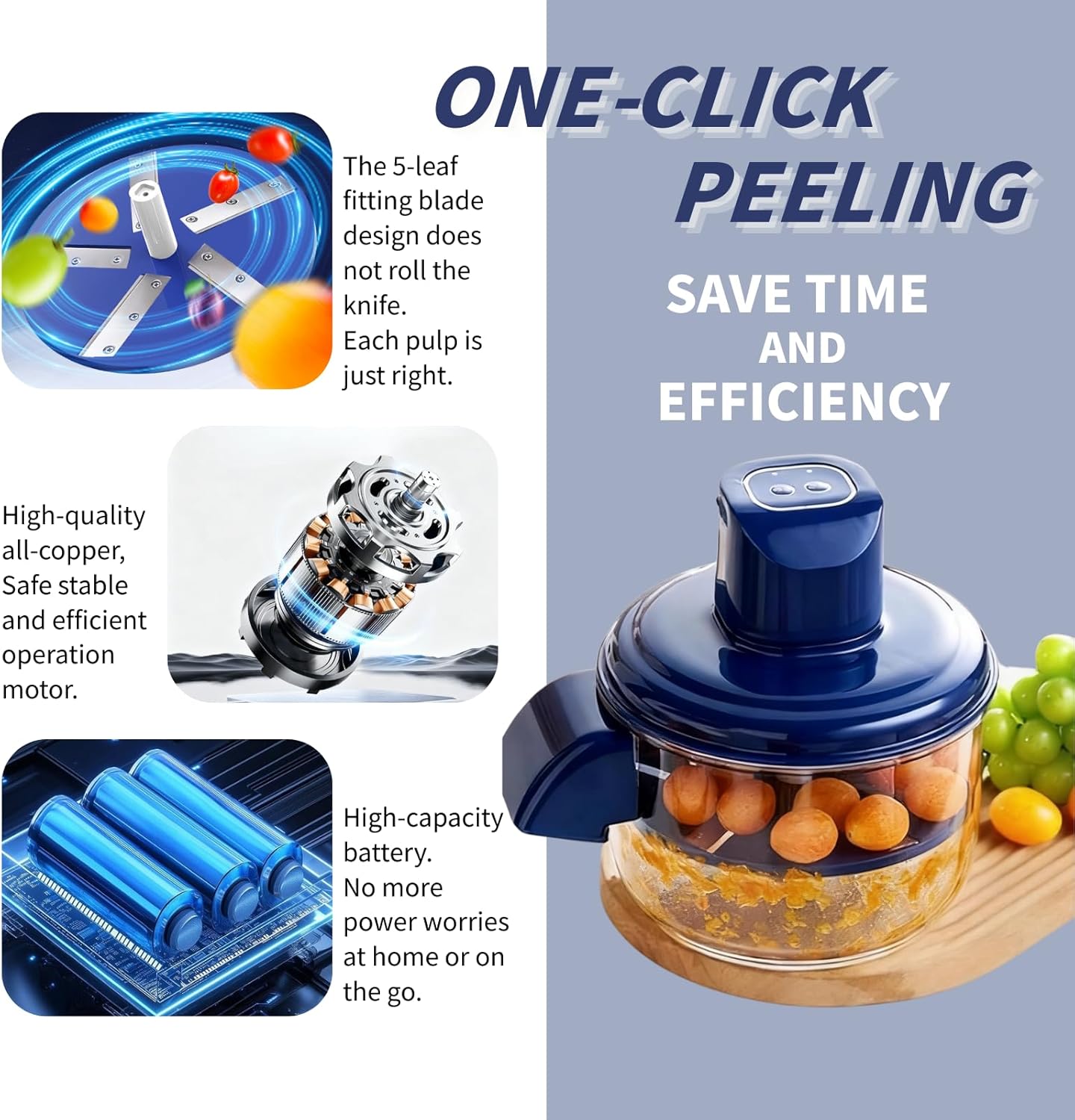 Automatic Electric Peeler Machine for Garlic, Grapes, Tomatoes - 3-in-1 Rechargeable Peeler with Safety Lock Blade, Effortlessly Peel Fruits in 10 Seconds (Easy Clean & Portable)