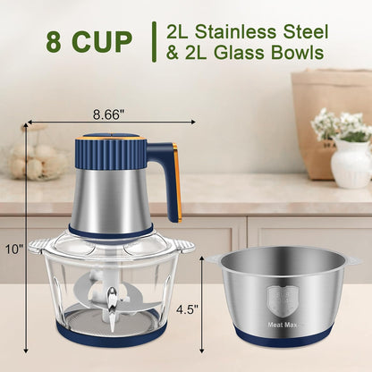 Food Processor, 5-Speed Electric Food Chopper, Meat Grinder with 2 Bowls (8 Cup+8 Cup) & 2 Sets of Blades, Meat Processor for Meat, Vegetables, Fruits and Nuts (Green)