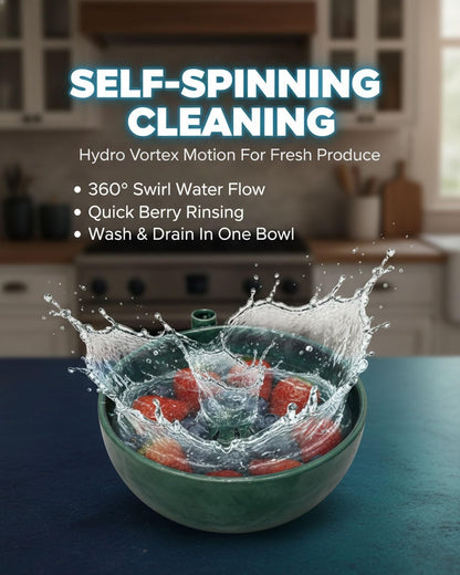 Berry Bowl, Self Spinning Fruit Washer with Drain Holes, Hydro Vortex Berry Rinser Colander, 360° Swirl Cleaning Serving Bowl for Vegetables Kitchen