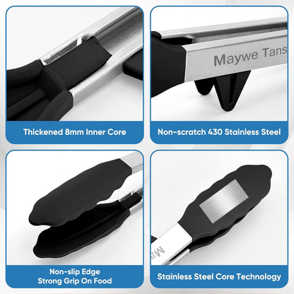 5-Pack Silicone Tongs for Cooking,Maywe Tanso 4PCS 13-Inch Kitchen Tongs with Silicone Tips,Nonstick Stainless Steel Tong for Steak Pie Pizza Pasta Spaghetti Salad BBQ Buffet,Plus Brush