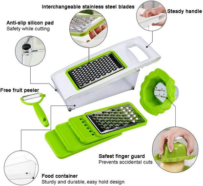 Mandoline Slicer Vegetable Potato Slicer Grater Cutter Chopper, HaetFire Julienne Slices and Shreds Fruits and Vegetables Chopper, Food Container, Safety Food Holder, 5 Interchangeable Sharp Blades