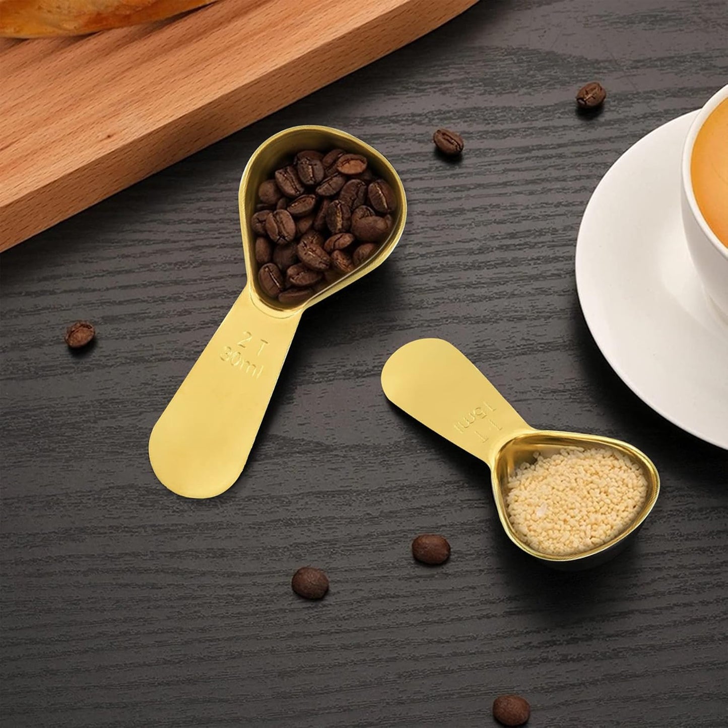 2 Pieces Stainless Steel Coffee Scoops Set(1 Tbsp,2 Tbsp) Durable Coffee Spoons with Ergonomic Handle Measuring Tablespoon for Canisters Tea Sugar Ground Coffee Whole Bean Milk Powder Flour (Golden)