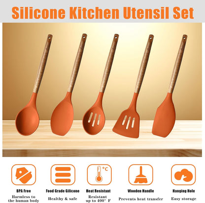 Kitchen Utensils Set, Silicone Cooking Utensils Set,Non-Stick Silicone Spatula Set with Natural Acacia Hard Wood Handle, 5 Piece, Upgraded Thickened Cookware