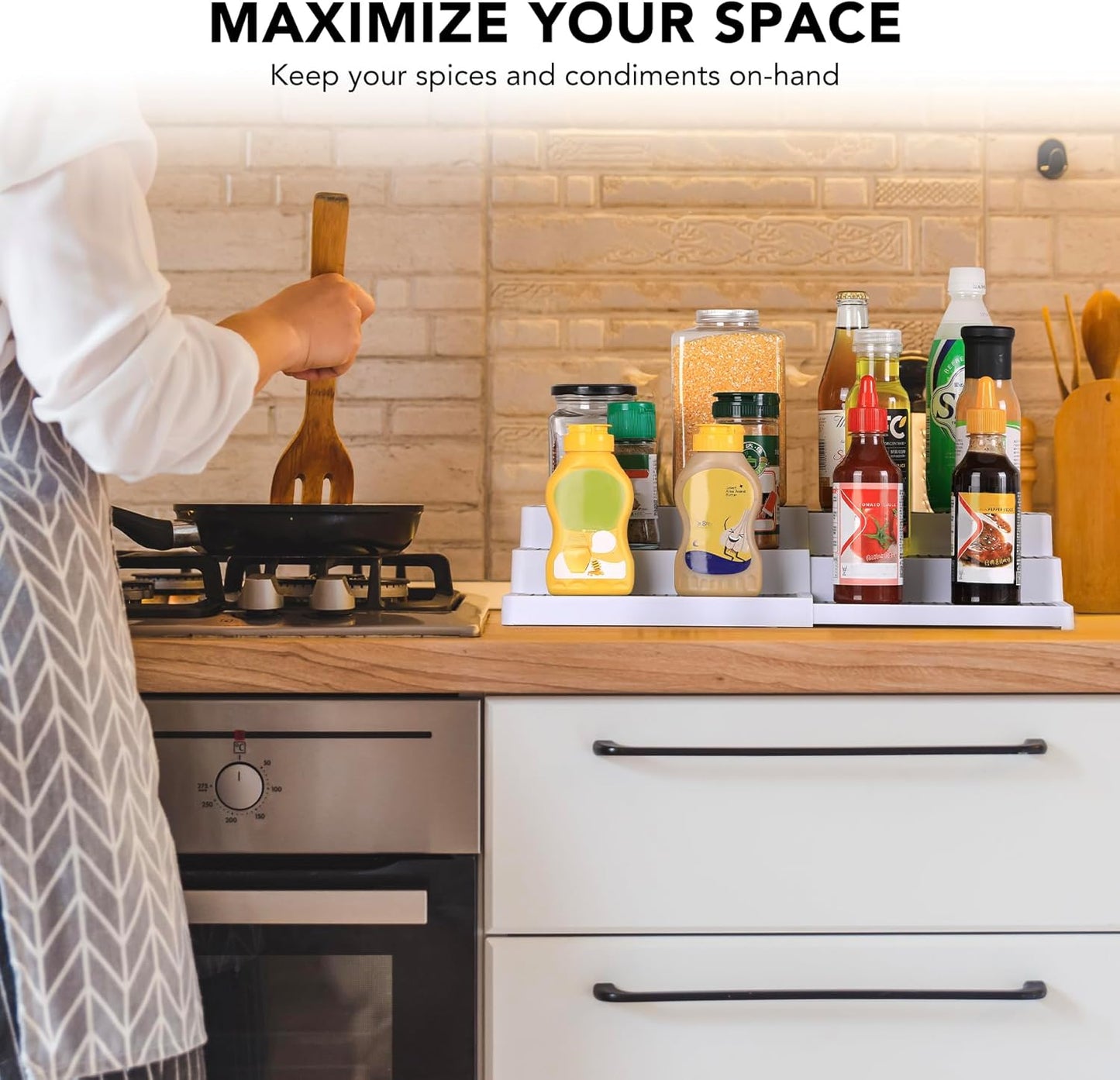 CiWiVOKi 3 Tier Expandable Spice Rack Organizer, White/Grey Plastic Spice Rack, Adjustable Length 14.6In-25.8In, 2 Pack Non-Skid Tiered Spice Shelf Organizer for Kitchen Cabinet, Cupboard, Pantry