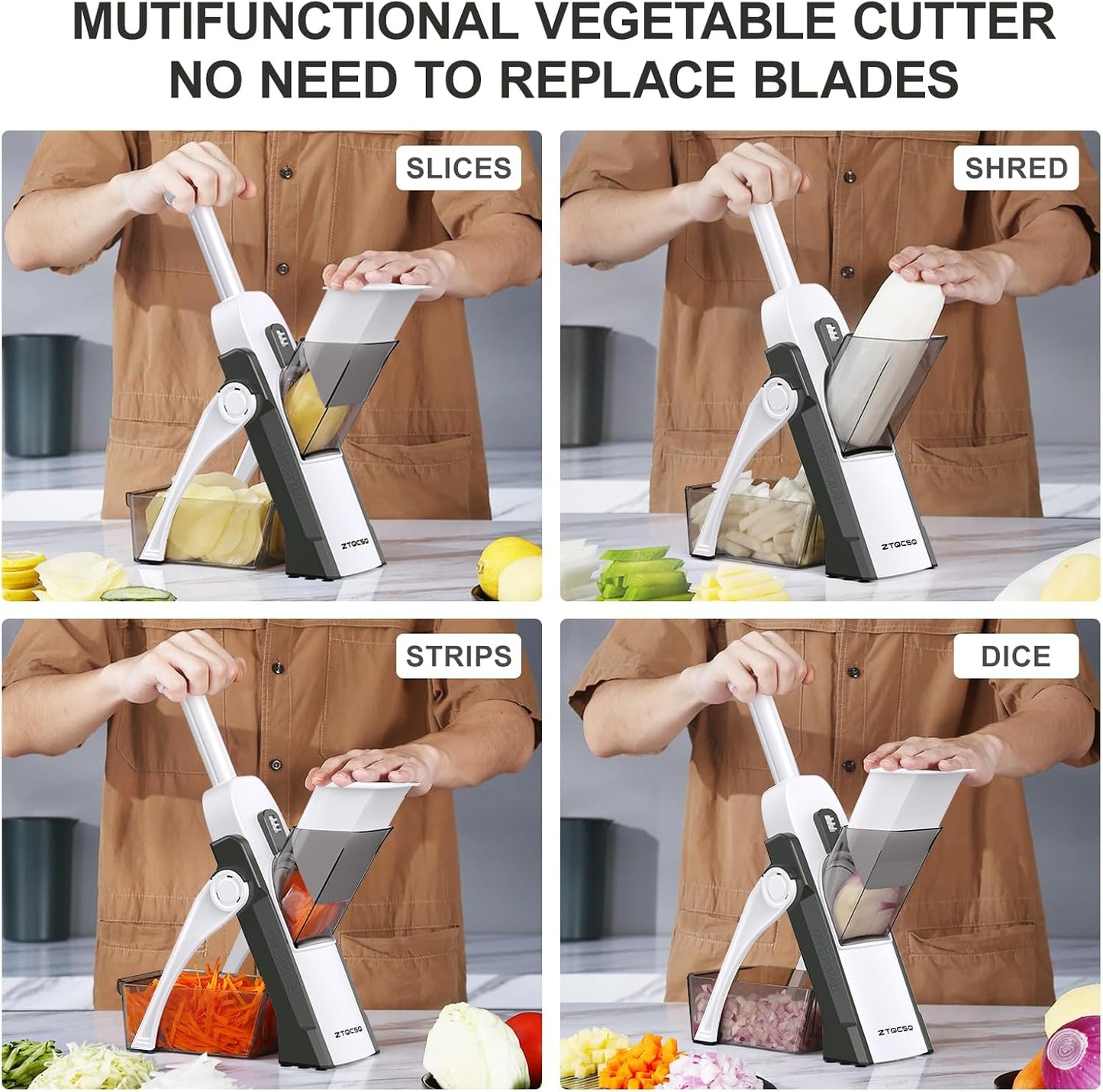 5 in 1 Safe Mandoline Slicer for Kitchen, Safe Vegetable Chopper, Paring Knife, Adjustable Thickness, Easy to Clean, Vegetable Slicer, Slicing, Strips, Shredding, Dicing,Chop (Tropical Orange)