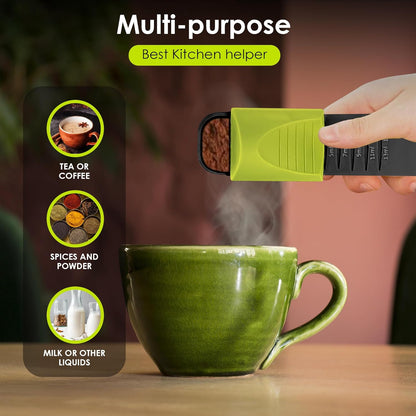 GOCHA Double-Ended Adjustable Measuring Spoon - 9-in-1 Kitchen Tool with Precision Scales (0.5-13ml/g) - Space-Saving Design for Dry & Liquid Ingredients (Black Green)