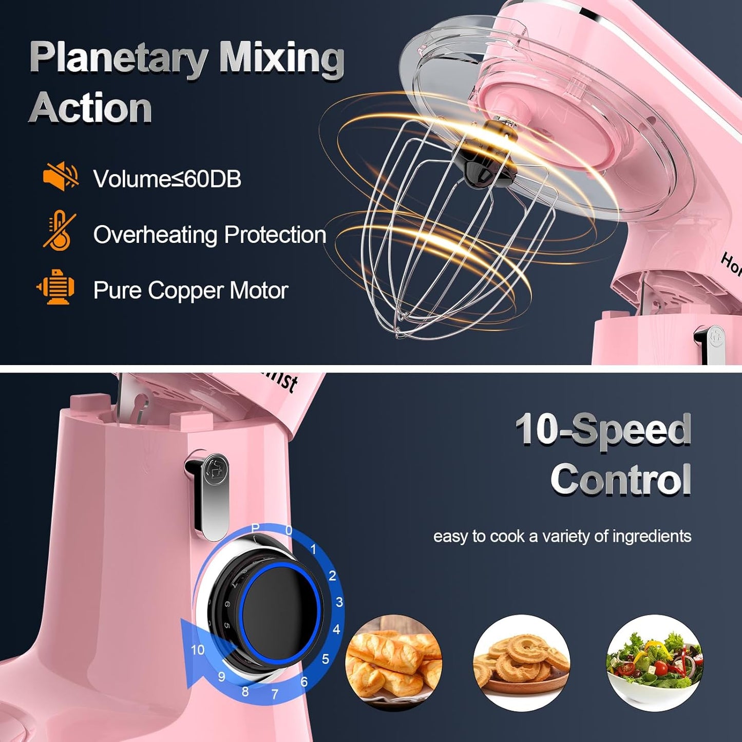 Honinst Stand Mixer, 6.5QT 10-Speed Tilt-Head Electric Stand Mixer, 3-In-1 Kitchen Mixer with Bowl, Dough Hook, Whisk and Beater, Food Mixer for Baking, Cake and Most Home Cooks, Black