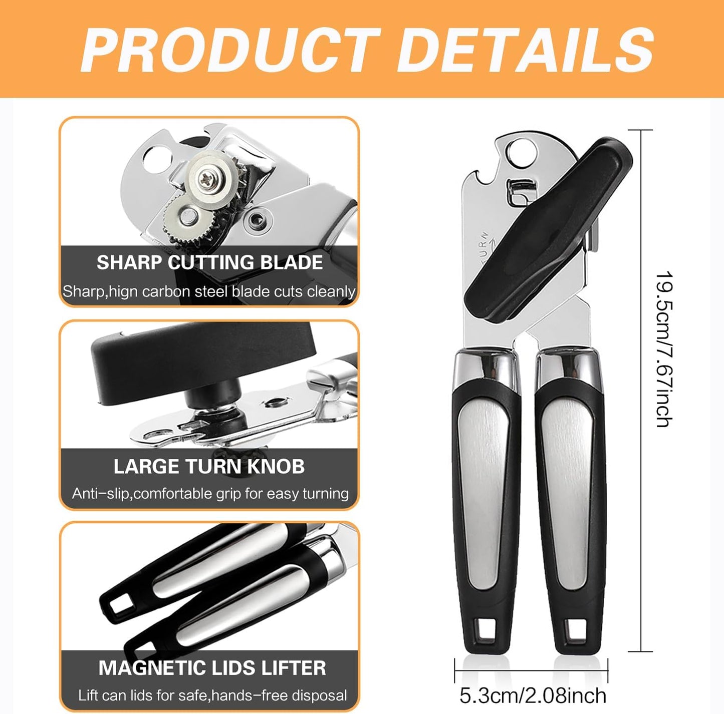 Manual Can Opener With Stainless Steel Cutting Wheel，Smooth Edge Can Opener Heavy Duty and Bottle Openers Easy to Use, Soft Comfortable Handle, Multifunctional Can Opener Tool, Black