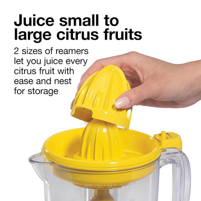Proctor Silex Alex's Lemonade Stand Electric Citrus Juicer Machine, Large 34 oz. Pitcher, Pressure Activated, for Lemons, Limes and Oranges, 34 oz, Includes 2 Reamers & Recipe Book, Yellow (66341)